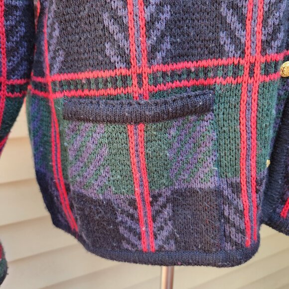 VTG Liz Baker Multicolor Plaid Cardigan Sweater Pockets Gold Buttons Grandma - Picture 8 of 13